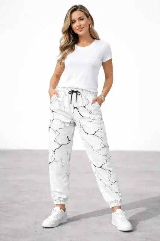 Dijital Baskılı Eşofman Altı Kışlık Üç İplik Şardonlu Kumaş Lastikli Paça, Cepli, Rahat Kalıp - Beyaz - 1