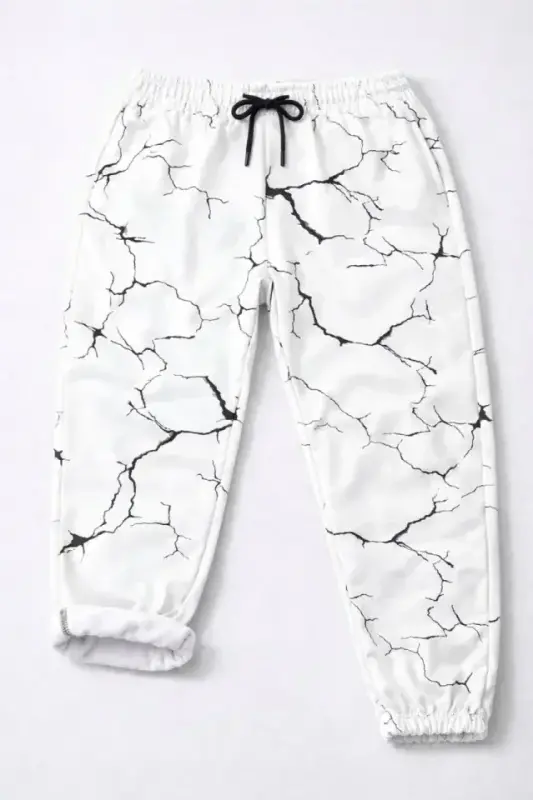 Dijital Baskılı Eşofman Altı Kışlık Üç İplik Şardonlu Kumaş Lastikli Paça, Cepli, Rahat Kalıp - Beyaz - 3