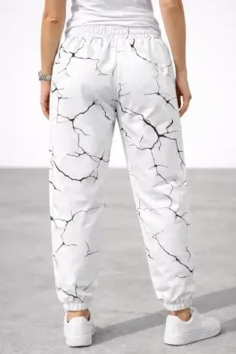 Dijital Baskılı Eşofman Altı Kışlık Üç İplik Şardonlu Kumaş Lastikli Paça, Cepli, Rahat Kalıp - Beyaz - 4