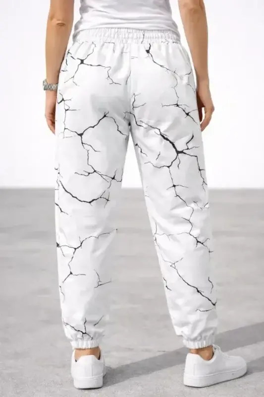 Dijital Baskılı Eşofman Altı Kışlık Üç İplik Şardonlu Kumaş Lastikli Paça, Cepli, Rahat Kalıp - Beyaz - 4