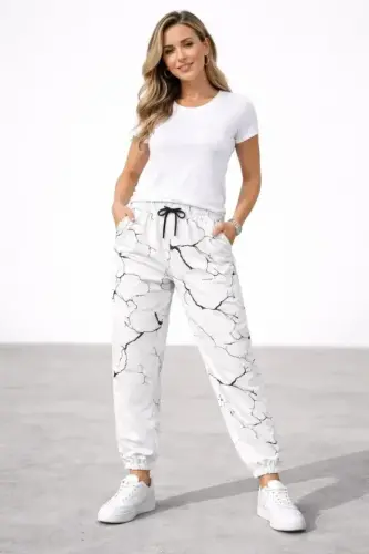 Dijital Baskılı Eşofman Altı Kışlık Üç İplik Şardonlu Kumaş Lastikli Paça, Cepli, Rahat Kalıp - Beyaz - 1