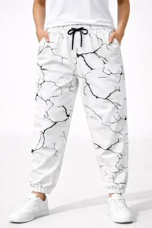 Dijital Baskılı Eşofman Altı Kışlık Üç İplik Şardonlu Kumaş Lastikli Paça, Cepli, Rahat Kalıp - Beyaz - 2