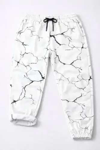 Dijital Baskılı Eşofman Altı Kışlık Üç İplik Şardonlu Kumaş Lastikli Paça, Cepli, Rahat Kalıp - Beyaz - 3