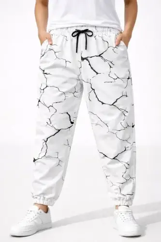 Dijital Baskılı Eşofman Altı Kışlık Üç İplik Şardonlu Kumaş Lastikli Paça, Cepli, Rahat Kalıp - Beyaz - BÜYÜKBEDENIZ (1)