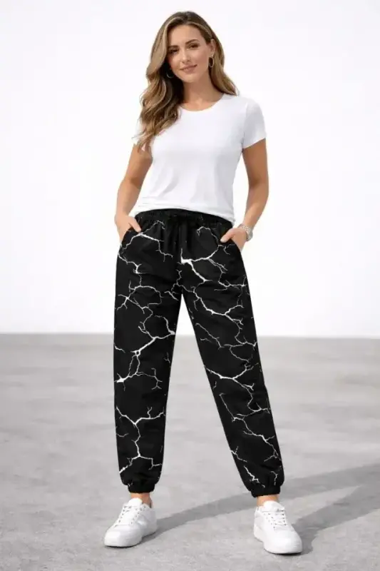 Dijital Baskılı Eşofman Altı Kışlık Üç İplik Şardonlu Kumaş Lastikli Paça, Cepli, Rahat Kalıp - Siyah - 1