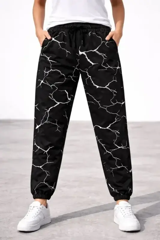 Dijital Baskılı Eşofman Altı Kışlık Üç İplik Şardonlu Kumaş Lastikli Paça, Cepli, Rahat Kalıp - Siyah - 2