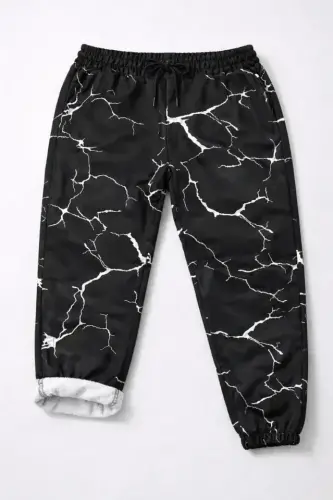 Dijital Baskılı Eşofman Altı Kışlık Üç İplik Şardonlu Kumaş Lastikli Paça, Cepli, Rahat Kalıp - Siyah - 3