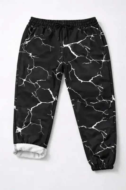 Dijital Baskılı Eşofman Altı Kışlık Üç İplik Şardonlu Kumaş Lastikli Paça, Cepli, Rahat Kalıp - Siyah - 3