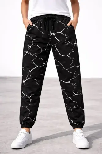 Dijital Baskılı Eşofman Altı Kışlık Üç İplik Şardonlu Kumaş Lastikli Paça, Cepli, Rahat Kalıp - Siyah - BÜYÜKBEDENIZ (1)