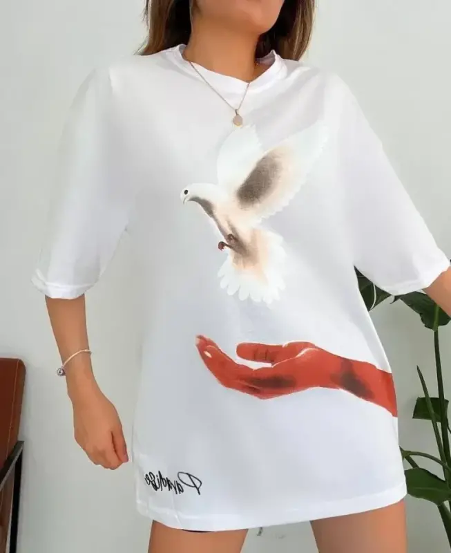 Dijital Baskılı T-Shirt - Beyaz - BÜYÜKBEDENIZ