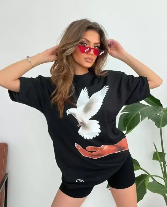 Dijital Baskılı T-Shirt - Siyah - BÜYÜKBEDENIZ