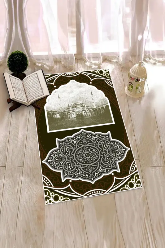 Dijital Baskılı Yıkanabilir Camii Motifli Hediyelik Namazlık Seccade 70x130 - KAHVERENGİ - 7