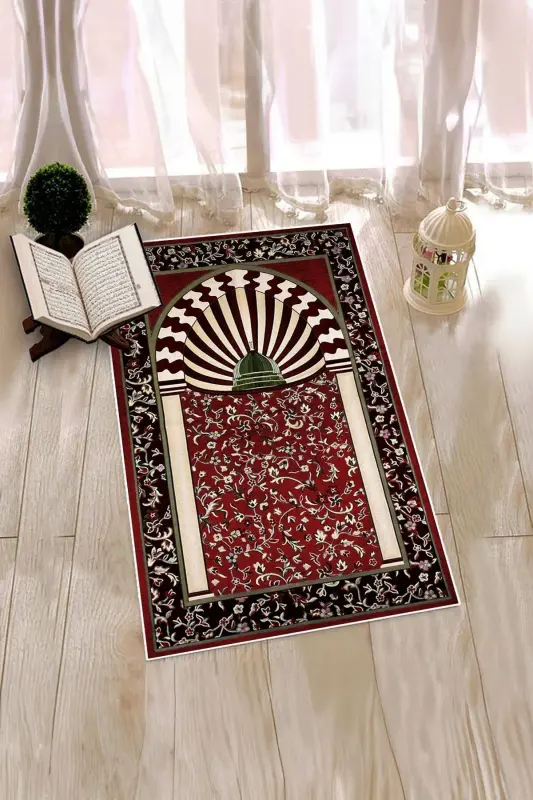 Dijital Baskılı Yıkanabilir Camii Motifli Hediyelik Namazlık Seccade 70x130cm - KIRMIZI - 8