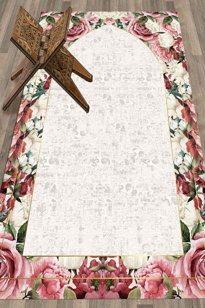 Dijital Baskılı Yıkanabilir Çiçekli Hediyelik Namazlık Seccade 70x130cm-GRİ - EY HOME (1)