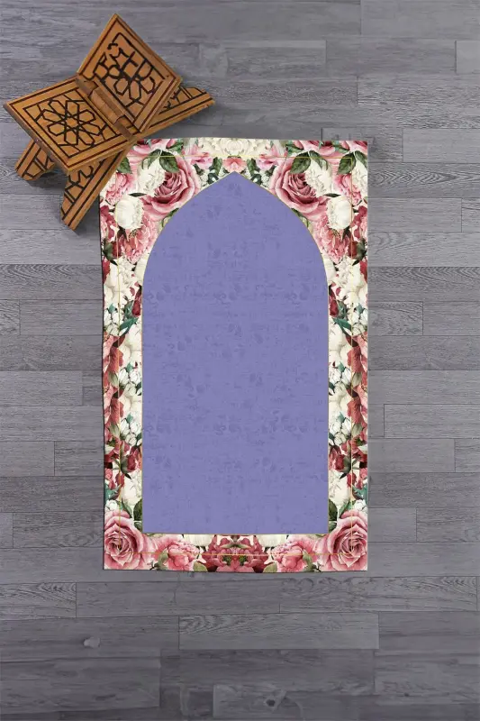 Dijital Baskılı Yıkanabilir Çiçekli Hediyelik Namazlık Seccade 70x130cm - MOR - 8