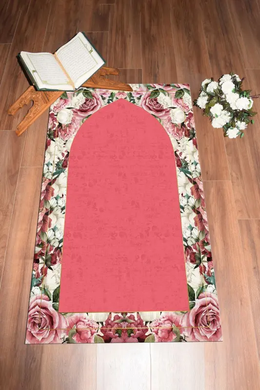 Dijital Baskılı Yıkanabilir Çiçekli Hediyelik Namazlık Seccade 70x130cm - PEMBE - 5