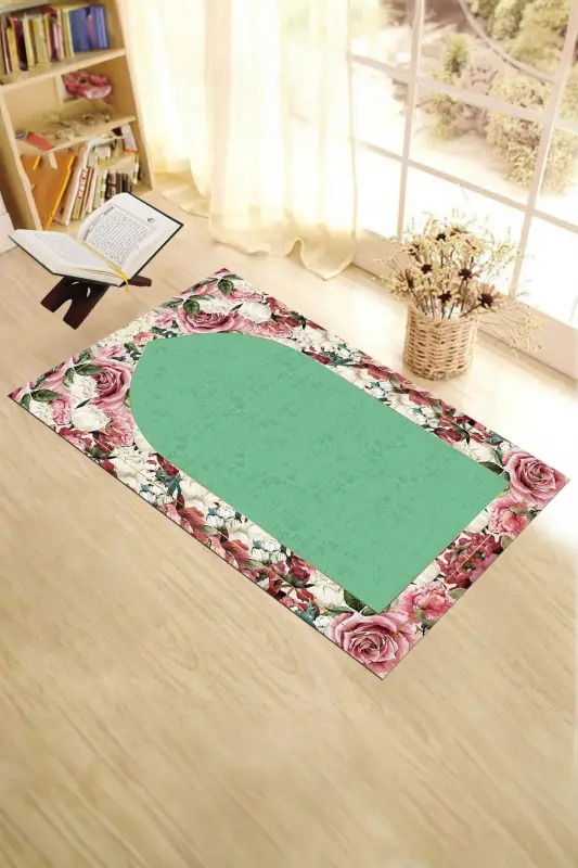 Dijital Baskılı Yıkanabilir Çiçekli Hediyelik Namazlık Seccade 70x130cm-YEŞİL - 6