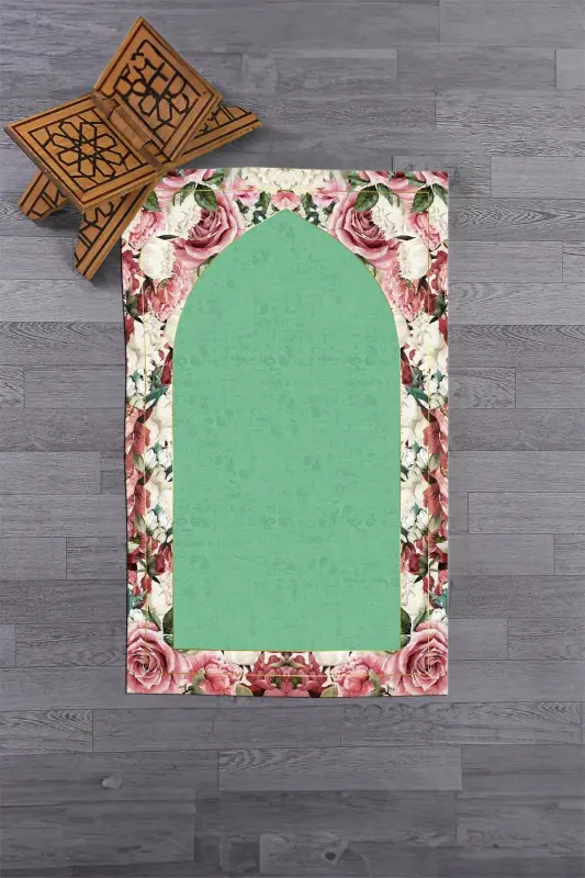 Dijital Baskılı Yıkanabilir Çiçekli Hediyelik Namazlık Seccade 70x130cm-YEŞİL - 7