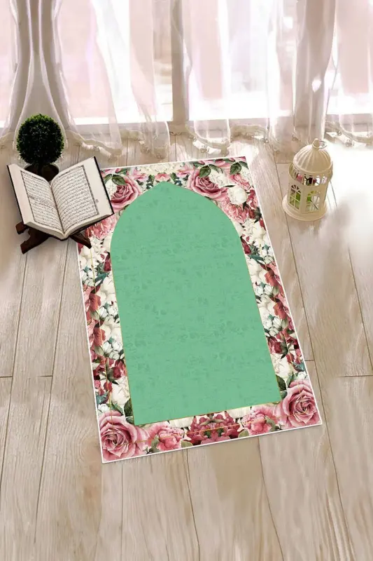 Dijital Baskılı Yıkanabilir Çiçekli Hediyelik Namazlık Seccade 70x130cm - YEŞİL - 2