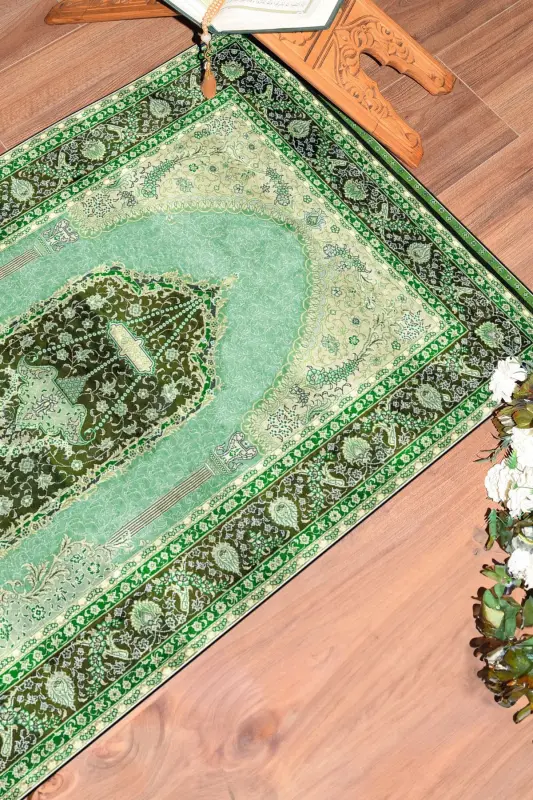 Dijital Baskılı Yıkanabilir Hediyelik Klasik Namazlık Seccade 70x130cm - YEŞİL - EY HOME