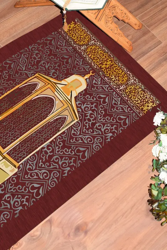 Dijital Baskılı Yıkanabilir Hediyelik Namaz Halısı Seccade 70x130cm - KIRMIZI - 9