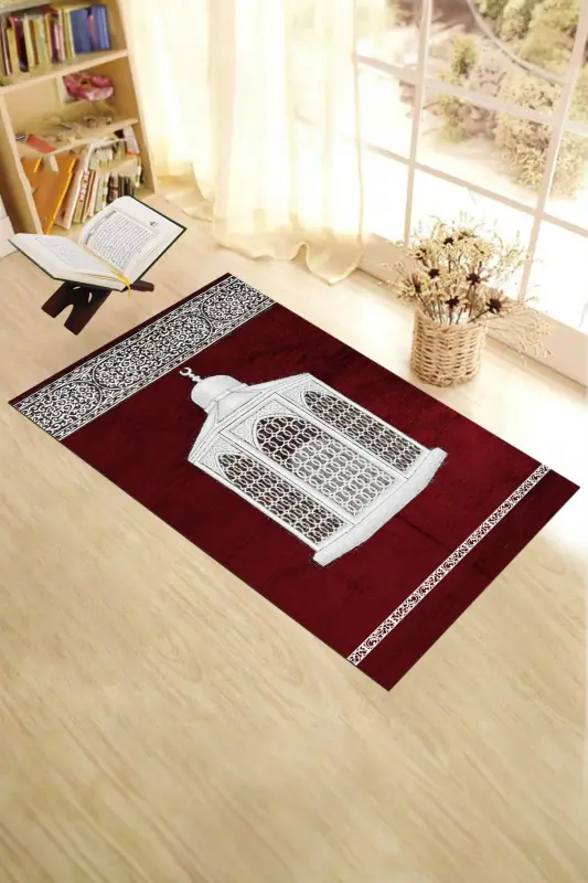 Dijital Baskılı Yıkanabilir Hediyelik Şık Namaz Halısı Seccade 70x130cm - KIRMIZI - 4