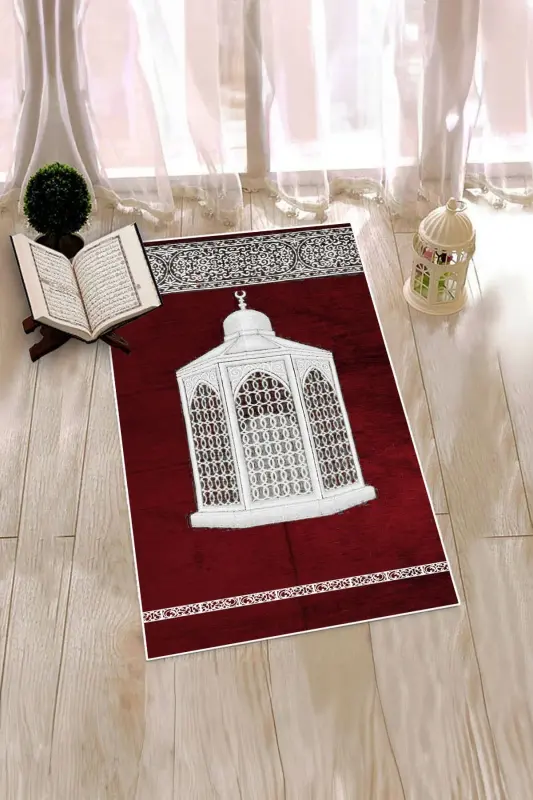 Dijital Baskılı Yıkanabilir Hediyelik Şık Namaz Halısı Seccade 70x130cm - KIRMIZI - 7