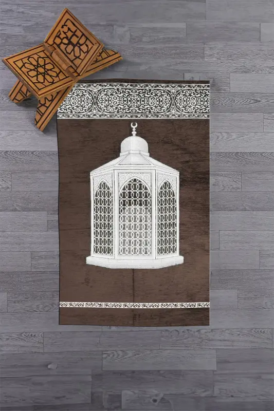 Dijital Baskılı Yıkanabilir Hediyelik Şık Namaz Halısı Seccade 70x130cm - KAHVERENGİ - 8