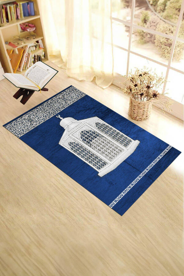 Dijital Baskılı Yıkanabilir Hediyelik Şık Namaz Halısı Seccade 70x130cm - MAVİ - 12