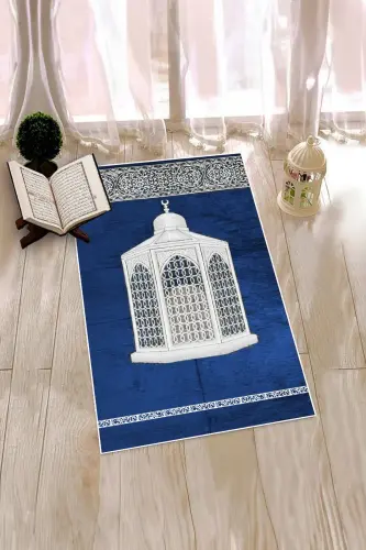 Dijital Baskılı Yıkanabilir Hediyelik Şık Namaz Halısı Seccade 70x130cm - MAVİ - 7