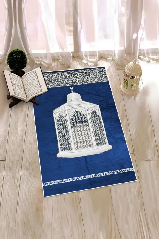 Dijital Baskılı Yıkanabilir Hediyelik Şık Namaz Halısı Seccade 70x130cm - MAVİ - 7