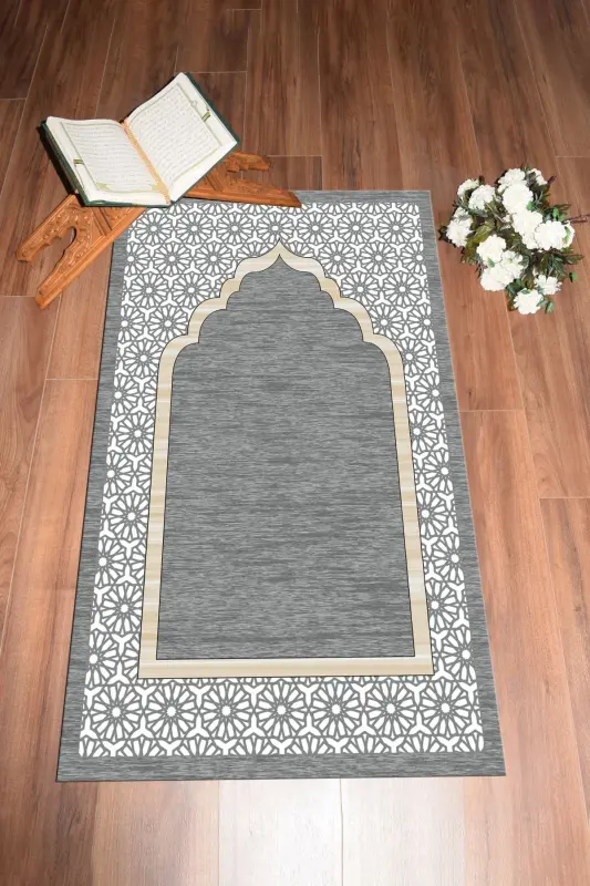 Dijital Baskılı Yıkanabilir Hediyelik Şık Namazlık Seccade 70x130 cm. - GRİ - 5