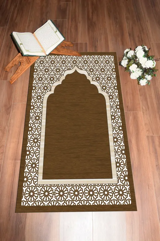 Dijital Baskılı Yıkanabilir Hediyelik Şık Namazlık Seccade 70x130 cm. - KAHVERENGİ - 4