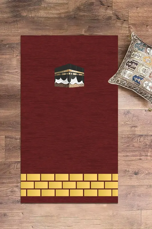 Dijital Baskılı Yıkanabilir Kabe Motifli Hediyelik Namaz Halısı Seccade 70x130 - KIRMIZI - 5