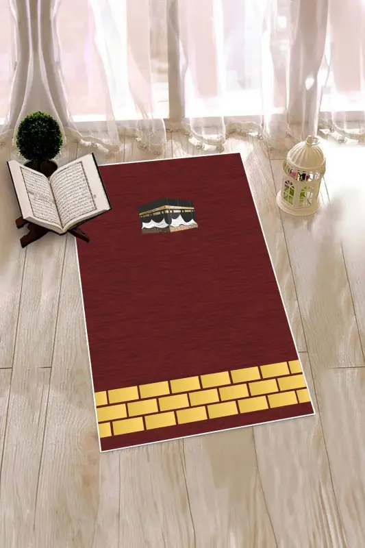 Dijital Baskılı Yıkanabilir Kabe Motifli Hediyelik Namaz Halısı Seccade 70x130 - KIRMIZI - 6