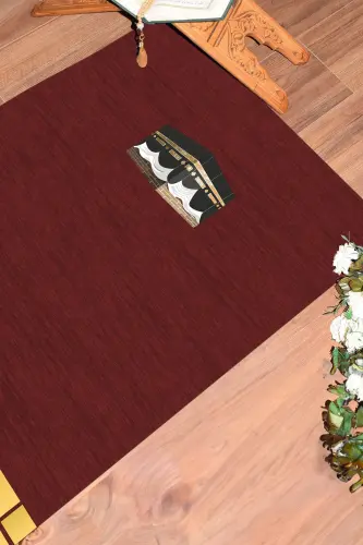 Dijital Baskılı Yıkanabilir Kabe Motifli Hediyelik Namaz Halısı Seccade 70x130 - KIRMIZI - 8