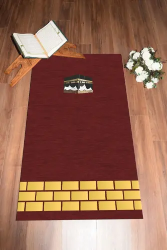 Dijital Baskılı Yıkanabilir Kabe Motifli Hediyelik Namaz Halısı Seccade 70x130 - KIRMIZI - 9