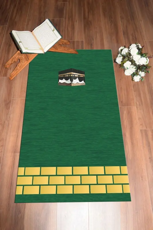 Dijital Baskılı Yıkanabilir Kabe Motifli Hediyelik Namaz Halısı Seccade 70x130 - YEŞİL - 9