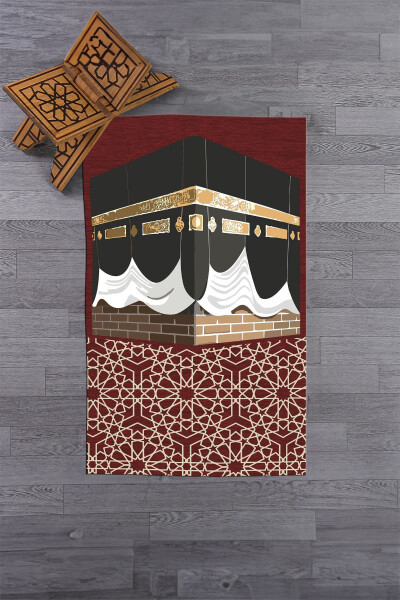 Dijital Baskılı Yıkanabilir Kabe Motifli Hediyelik Namaz Halısı Seccade 70x130cm-KIRMIZI - 3