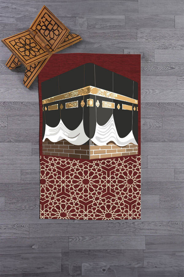 Dijital Baskılı Yıkanabilir Kabe Motifli Hediyelik Namaz Halısı Seccade 70x130cm-KIRMIZI - 3