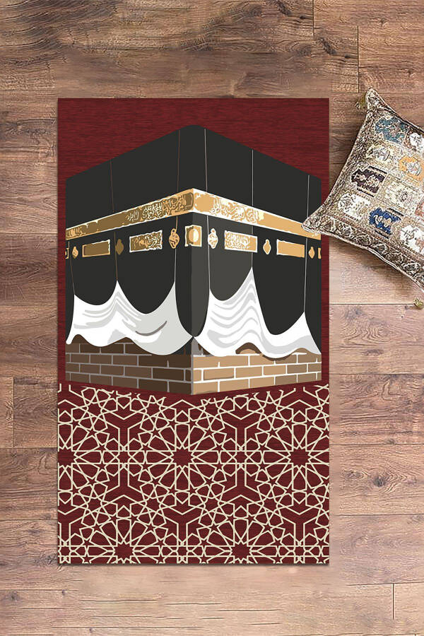 Dijital Baskılı Yıkanabilir Kabe Motifli Hediyelik Namaz Halısı Seccade 70x130cm-KIRMIZI - 4