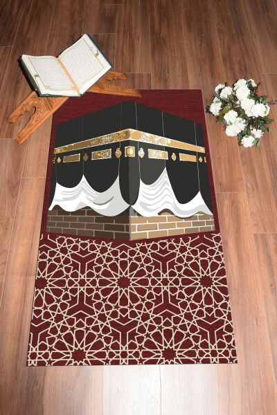 Dijital Baskılı Yıkanabilir Kabe Motifli Hediyelik Namaz Halısı Seccade 70x130cm-KIRMIZI - 7