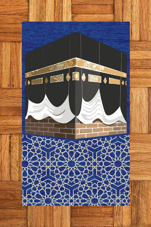 Dijital Baskılı Yıkanabilir Kabe Motifli Hediyelik Namaz Halısı Seccade 70x130cm, SECCADE-47-MAVİ - 1