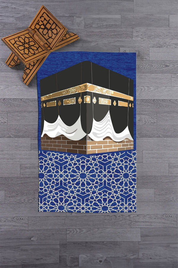 Dijital Baskılı Yıkanabilir Kabe Motifli Hediyelik Namaz Halısı Seccade 70x130cm, SECCADE-47-MAVİ - 3