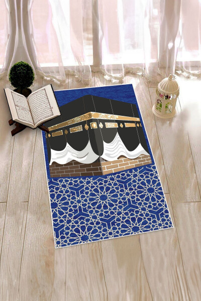 Dijital Baskılı Yıkanabilir Kabe Motifli Hediyelik Namaz Halısı Seccade 70x130cm, SECCADE-47-MAVİ - 5