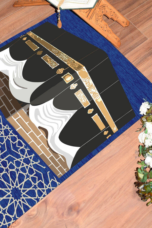 Dijital Baskılı Yıkanabilir Kabe Motifli Hediyelik Namaz Halısı Seccade 70x130cm, SECCADE-47-MAVİ - 6