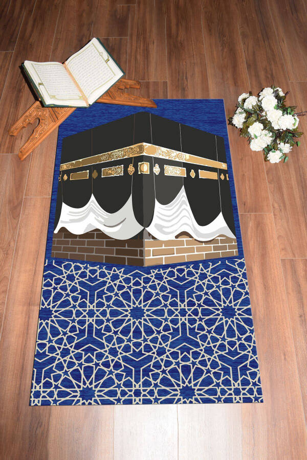 Dijital Baskılı Yıkanabilir Kabe Motifli Hediyelik Namaz Halısı Seccade 70x130cm, SECCADE-47-MAVİ - 7