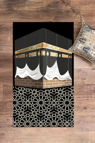 Dijital Baskılı Yıkanabilir Kabe Motifli Hediyelik Namaz Halısı Seccade 70x130cm-SİYAH - 2
