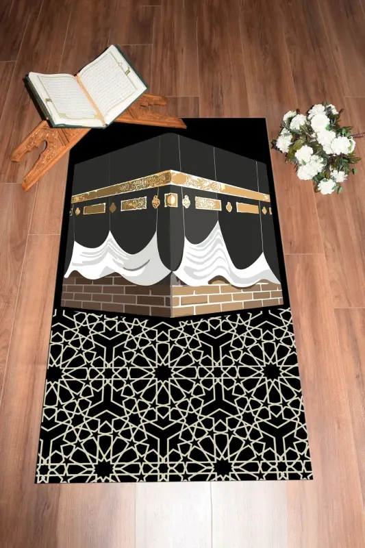 Dijital Baskılı Yıkanabilir Kabe Motifli Hediyelik Namaz Halısı Seccade 70x130cm-SİYAH - 5