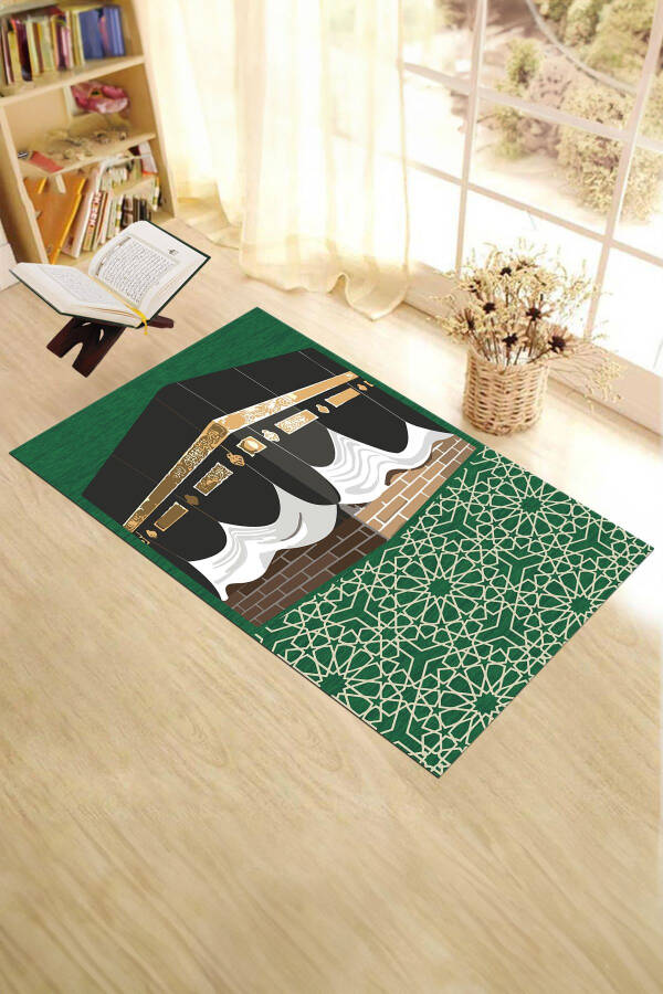 Dijital Baskılı Yıkanabilir Kabe Motifli Hediyelik Namaz Halısı Seccade 70x130cm, SECCADE-47-YEŞİL - 1